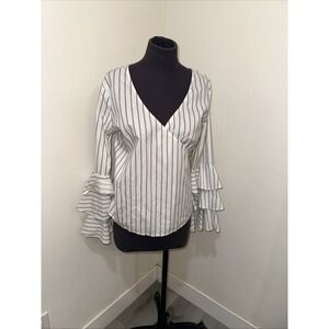 AQUA White Black Pinstripe Blouse Women's Large Ruffle Bell Sleeve V-Neck Top